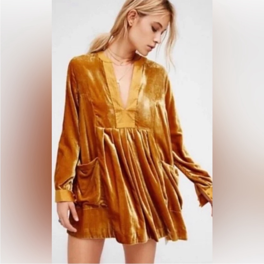 Free People Velvet Tunic Mini Dress in Mustard Gold